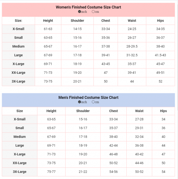 DBZ Costume size chart - DBZ Shop